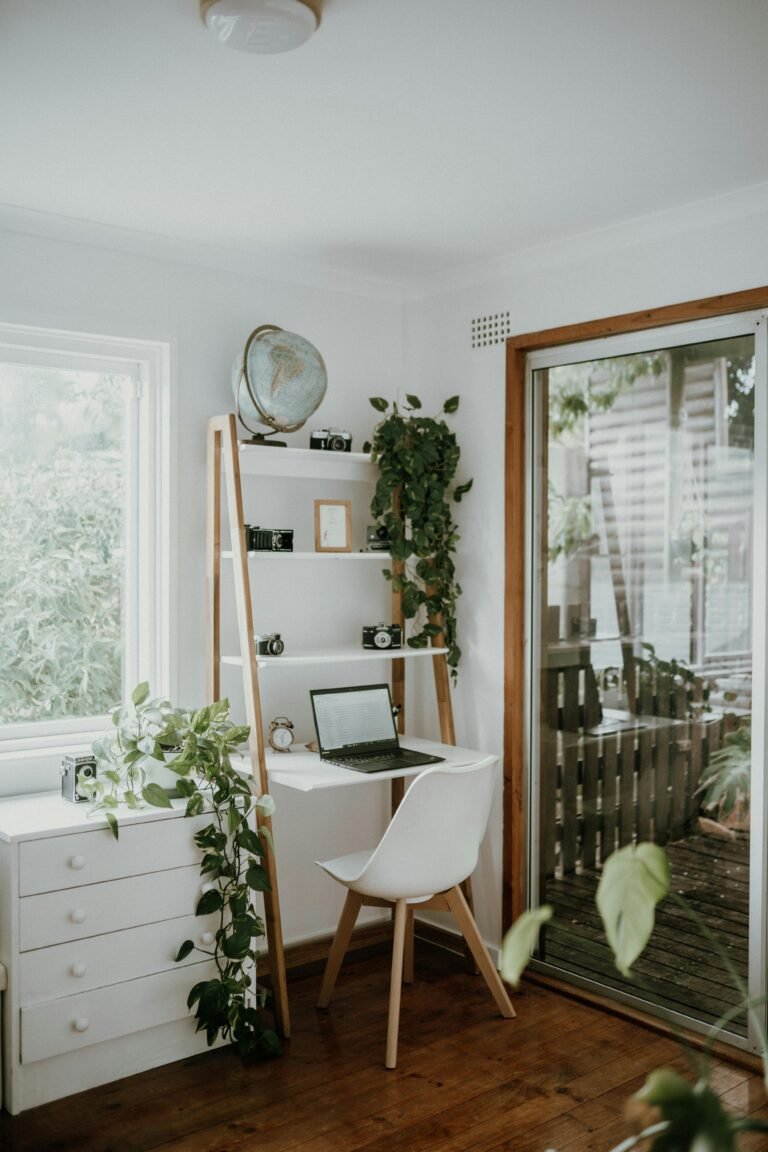 Small desk with a leaning ladder shelf above it for vertical storage - books, a globe and plants in a bright, compact workspace.