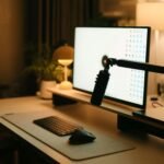 Small desk with a clamp-on lamp or monitor light bar - a clean minimalist workspace with good lighting and no bulky lamp.