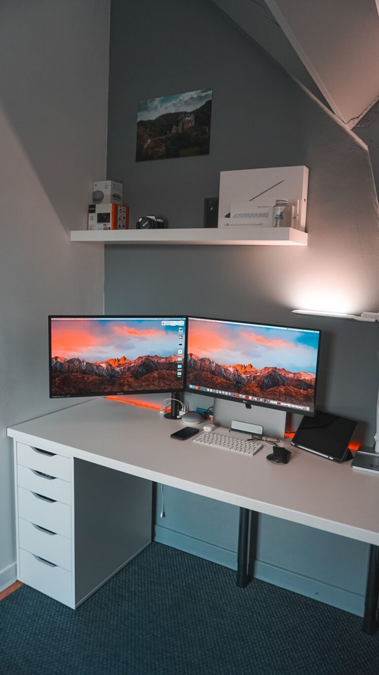 Dual monitor setup on a small white corner desk with two screens side by side